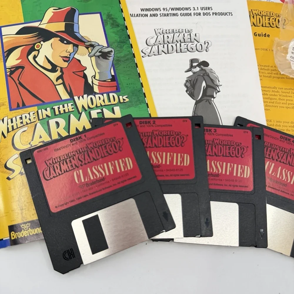 Where In The USA Is Carmen Sandiego Box Microsoft IBM PC 4 Floppy Disks Vtg‎